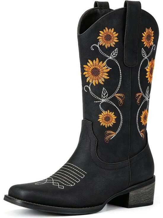 Shoes - Women's Black Sunflower Mid Calf Embroidered Western Square Toe Cowboy Boot